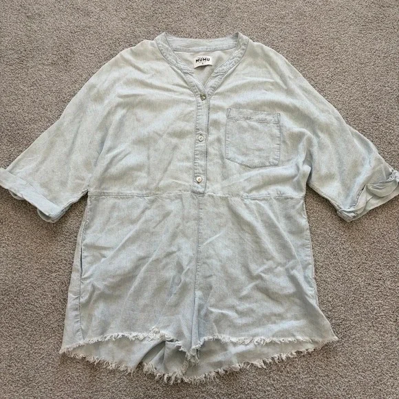 Show Me Your Mumu Horton Shore Romper Womens S Light Blue Relaxed Beach Chambray - Picture 1 of 8
